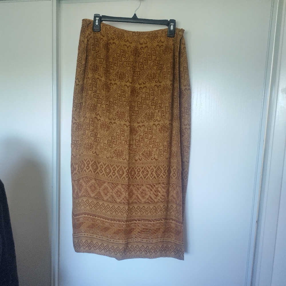 JONES NEW YORK Silk Tan Faux Wrap Skirt Tribal Prints size 14